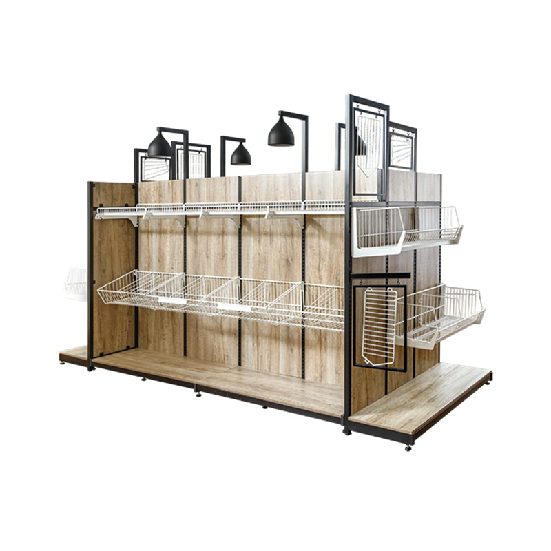 Premium doppelseitiger Ausstellungsständer mit Holzmaserungsrückwand und Hängekorb - Snack- und allgemeines Warenausstellungsständer